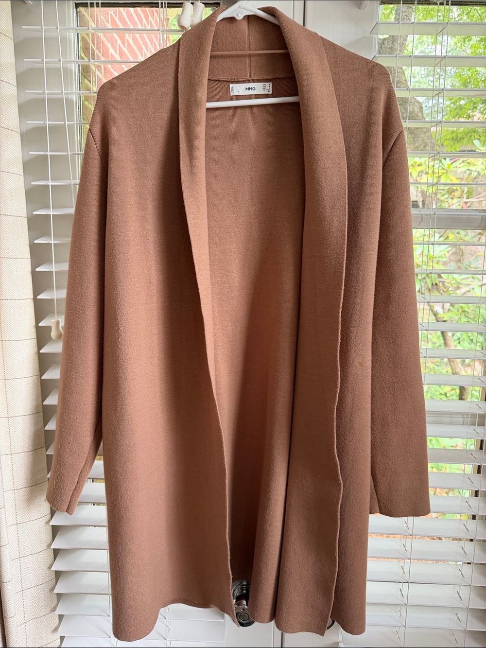 Mango Long Open-Front Cardigan in Camel Brown